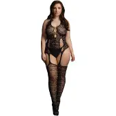 Shots - Le Désir Verkkokissapuku Plus Size 2XL–5XL – Pitsinen Cut-Out, Sukkanauhat & Säärystimet, Musta