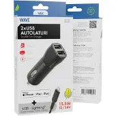 Wave Autolaturi 2xUSB ja iPhone Lightning MFI kaapeli