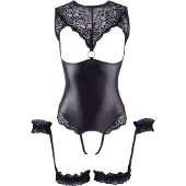 Cottelli Bondage - avonainen vartalopuku ja käsikahleet - kiiltävä musta - XL