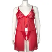Nortie Gro Plus Size Punainen Pitsinen Babydoll-setti - Red - Plus size