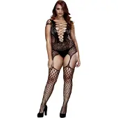 Baci Verkkokankainen Bodystocking Sukkanauhoilla ja Sukilla - Musta - Queen size