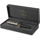 Parker Sonnet Fountain Pen | Premium Metal and Black Gloss Finish with Gold Trim | Fine 18k Gold Nib with Black Ink Cartridge | Gift Box