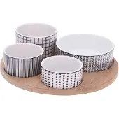 Excellent houseware Neljä posliinikulhoa bambutarjottimella herkkujen tarjoiluun