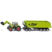 Siku tractor with front loader, doll and dump truck, model vehicle