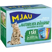Mjau Säästöpakkaus: Cat Pouch 24 x 85 g - sekapaketti Liha- ja kalaruokia kastikkeessa (4 lajia)