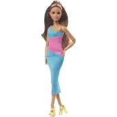 Barbie Looks -nukke, jolla on ruskeat hiukset ja yksiolkap inen pinkki ja sininen midi-mekko. Liikkumiseen sopiva.