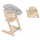Stokke Tripp Trapp syöttötuoli etukaarella ja Newborn Set -istuimella Natural