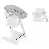 Stokke Tripp Trapp syöttötuoli etukaarella ja Newborn Set -istuimella White