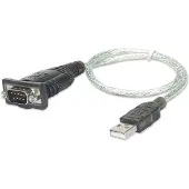 Manhattan USB-A-sarjamuunninkaapeli, 45 cm, uros-uros, Serial/RS232/COM/DB9, Prolific PL-2303RA -siru, musta/hopeakaapeli, kolmen vuoden takuu, vastaa