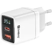 Sandberg 35W GaN-verkkovirtalaturi, USB-C PD3.0, USB-A QC3.0, valkoinen