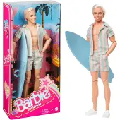 Barbie -elokuva Ken-nukke pastellin vaaleanpunainen ja vihreä raidallinen rantasovitussetti surffilaudalla ja valkoisilla tennareilla