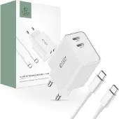 Tech-Protect C35W Kaksoisporttinen USB-C-seinälaturi USB-C-kaapelilla - Valkoinen