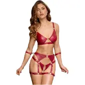 Cottelli Bondage: Kiiltävä rintaliivisetti ja käsikahleet (punainen) - L