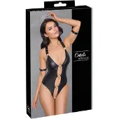 Cottelli Bondage - avoin body renkailla - kiiltävä musta - M