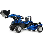 Falk New Holland polkutraktori kauhakuormaajalla ja peräkärryllä