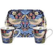 Spode Strawberry Thief -astiasto, jossa tarjotin ja mukit