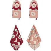 Marimekko Unikko keittiötekstiilisetti 4 osaa, punainen/vaaleanpunainen