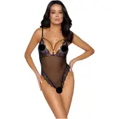 Cottelli - avoin pitsibody kirjailulla - musta-violetti