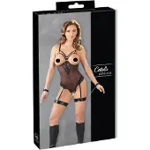Cottelli Bondage - bodysuit ja käsikahleet metallirenkailla - musta - XL