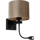 QAZQA Seinävalaisin musta ja taupe samettivärinen varjostin 18 cm - Brescia Combi