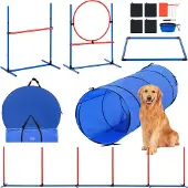 Vevor -koiran agility-koulutusvälineet, 5-osainen sarja säädettävillä korkeilla aidoilla, 6 punotulla kepillä, tunneli, hyppyrengas, taukolaatikko, pilli, kokoontaitettava kulho, pentujen esteratasarja