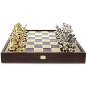 Manopoulos Kreikan Rooman aikakauden metallinen shakkisetti, jossa 41cm puinen shakkilauta/laatikko
