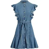 Ralph Lauren Belted Denim Flutter-Sleeve Shirtdress - Blue - 44