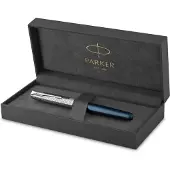 Parker Sonnet Fountain Pen | Premium Metal and Blue Satin Finish with Chrome Trim | Fine 18k Gold Nib with Black Ink Cartridge | Gift Box