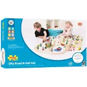 Bigjigs Wooden Train Track and Car Track Set 105dlg.