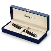 Waterman Exception Fountain Pen | Slim Black with Silver Plated Clip | Fine Nib with Blue Ink Cartridge | Gift Box