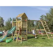 Jungle Gym Safari sekä kiipeilymoduuli, kaksi keinua ja tummanvihreä liukumäki