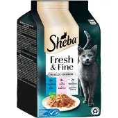 Sheba 72x50g Fresh & Fine tonnikala, lohi & valkoinen kala hyytelössä Pedigree