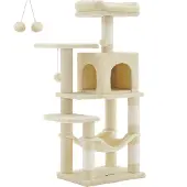 Songmics Kissan raapimapuu 112 cm tasoilla ja riippumatolla, beige