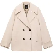Mango Double-Breasted Wool-Blend Coat - Cream - S