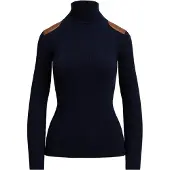 Ralph Lauren Faux-Leather-Trim Ribbed Turtleneck - Navy - XL
