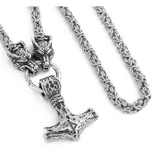 Lykken Viking Thor-teräskaulakoru sudenpäillä, Mjölnir-riipuksella ja bysanttilaisketjulla 60 cm