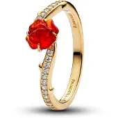 Pandora Disney Beauty And The Beast Rose 14K Gold-Plated Ring With Clear Cubic Zirconia And Red Murano Glass - Red - 54