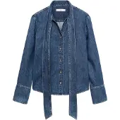 Mango Denim Shirt With Bow - Blue - XS