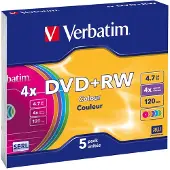 Verbatim DVD+RW LEVY 5kpl 4,7GB DVD+RW 4X , Colour 5 pk slim Retail -