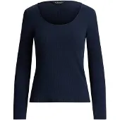 Ralph Lauren Rib-Knit Long-Sleeve Scoopneck Tee - Navy - M