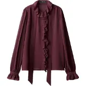 Mango Ruffled Blouse With Scarf - Burgundy - M
