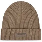 Calvin Klein Patch Chunky Rib Cotton Beanie - Beige - ONE SIZE