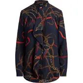 Ralph Lauren Print Ruffle-Trim Georgette Shirt - Navy - XS