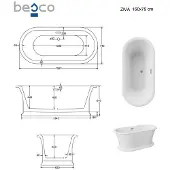 Besco Kylpyamme Ziva, 160 x 75 cm, sifonilla ja ylivuodolla, slim white