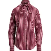 Ralph Lauren Striped Cotton Broadcloth Tie-Neck Shirt - White - 38