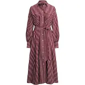 Ralph Lauren Striped Belted Broadcloth Shirtdress - Red - 36