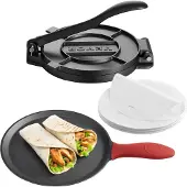 Vevor -tortillapuristin, 8 tuuman valurautainen tortilla- ja roti-leivänvalmistaja, raskaaseen käyttöön tarkoitettu tortillapuristin, pataconera-leivänvalmistajat kahvalla ja 100 kpl leivinpaperia, tai
