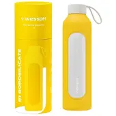 Wessper B1 motivoiva lasipullo 1000ml, jossa on mittauskuppi kuntoiluun, joka on sinetöity
