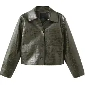 Mango Croc-Effect Faux Leather Jacket - Khaki green - S