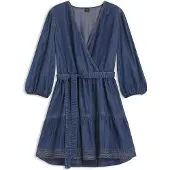 BOSS for woman. 50559071 Denim effect crossover dress with blue balloon sleeves (44), Casual, 3/4 Sleeve